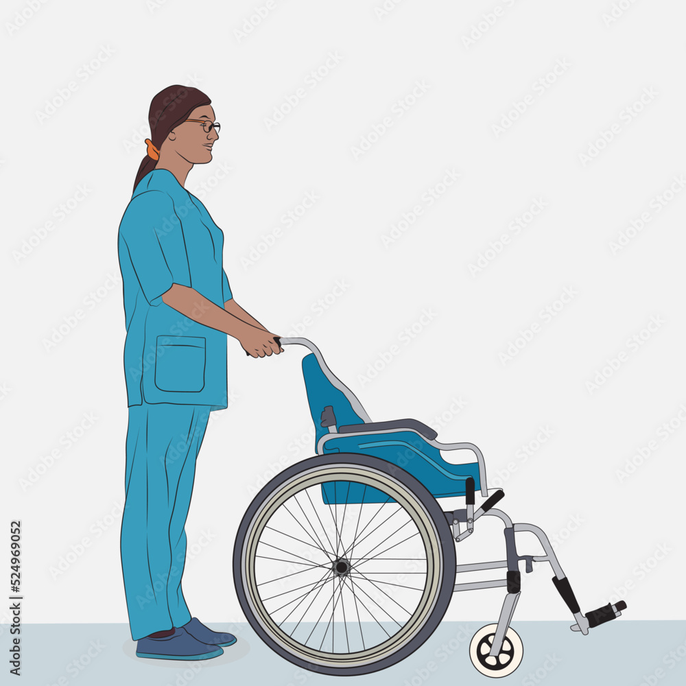 Nurse carrying a wheelchair. Nurse vector.