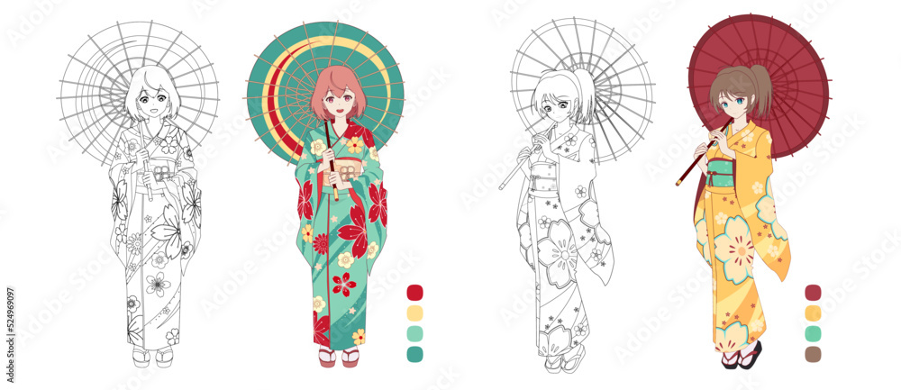 Anime manga girl wearing Japanese kimono. Contour vector illustration for  coloring book. Monochrome and colored versions vector de Stock | Adobe Stock