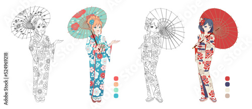 Anime manga girl wearing Japanese kimono. Contour vector illustration for coloring book. Monochrome and colored versions