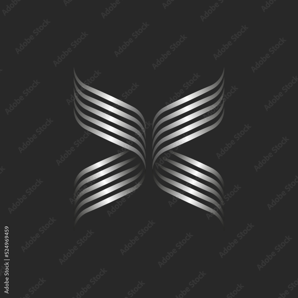 Abstract silhouette metal butterfly logo, insect symbol silvery gradient from metallic striped ribbons.