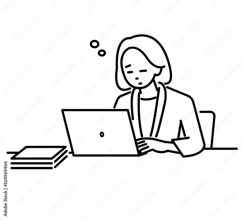 仕事中居眠りをする女性のイラスト素材 線画のみ 仕事中居眠りをする女性のイラスト素材 線画のみ