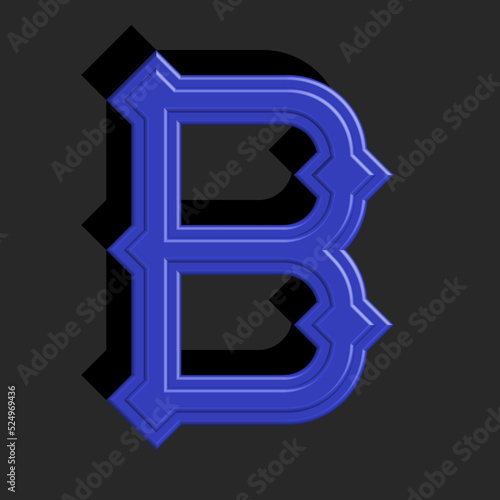 Blue letter B monogram initial logo 3d gothic style with shadow on black background, old latin sharp letter calligraphic mark.
