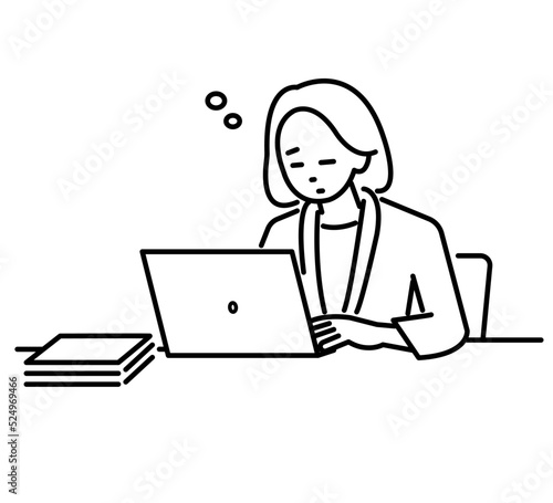仕事中居眠りをする女性のイラスト素材　線画のみ