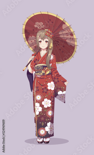 Anime manga girls in traditional Japanese kimono costume holding paper umbrella. Vector illustration on isolated background