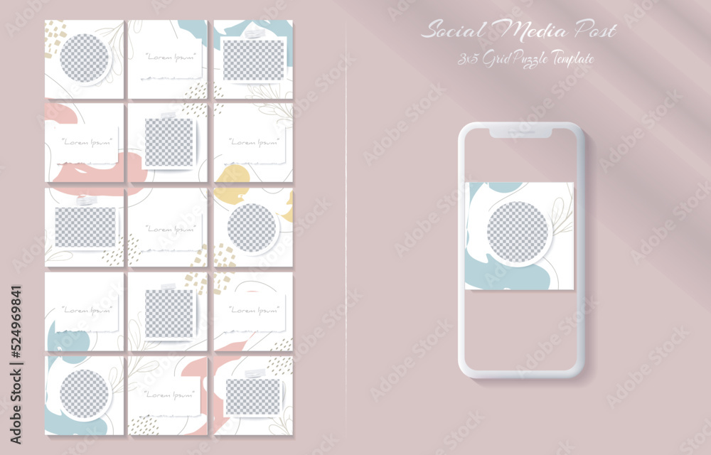 Naklejka premium Social media feed post template set in grid puzzle style with organic shape background