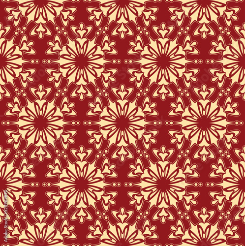Flower geometric pattern. Seamless vector background. Gold and red ornament. Ornament for fabric, wallpaper, packaging. Decorative print