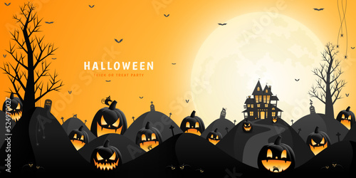 Halloween haunted house, pumpkin lanterns and spooky trees with orange sky and moonlight background.