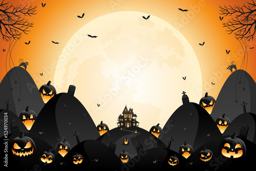 Halloween haunted house, pumpkin lanterns and spooky trees with orange sky and moonlight background.