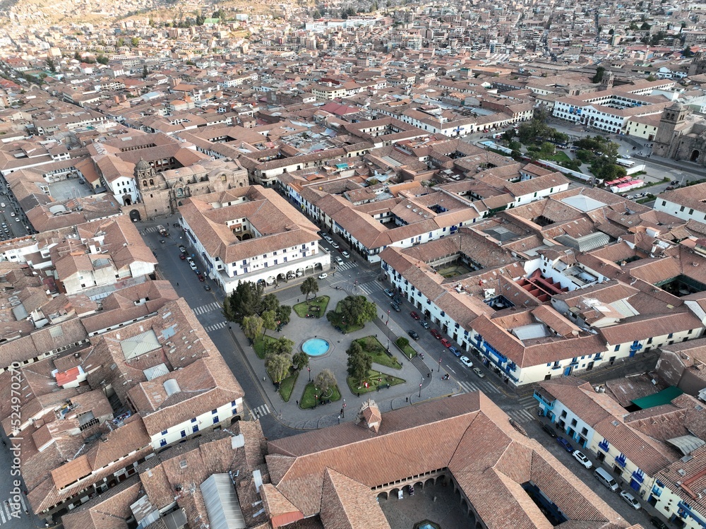 Aerial View of Cusco Peru with the historic downtown and Cathedral