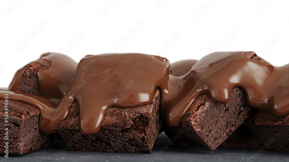 Closeup Chocolate Liquid Pouring on top Brownie cake. Selective focus. 3D Render. PNG files. Closeup Chocolate Liquid Pouring on top Brownie cake. Selective focus. 3D Render. PNG files.