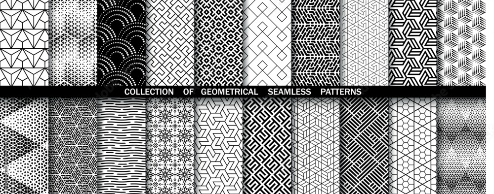 Geometric set of seamless black and white patterns. Simpless vector graphics - obrazy, fototapety, plakaty 