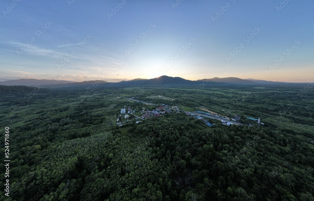 Landscape of sunrise over the mountains, Aerial photos of beautiful thailand countryside scenery.
