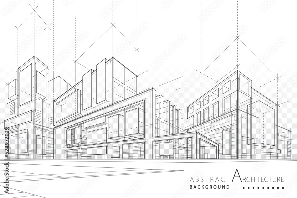 3D illustration Imagination architecture building construction perspective design, abstract modern urban building out-line black and white drawing.
