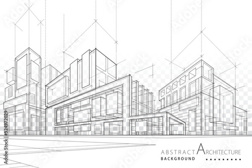 3D illustration Imagination architecture building construction perspective design, abstract modern urban building out-line black and white drawing.
 photo