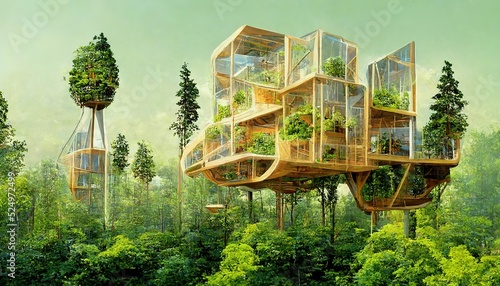 Foto Spectacular image of a sustainable tree house surrounded by greenery in the woods for ESG concept