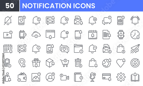Notification vector line icon set. Contains linear outline icons like Bell, Message, Notice, Alert, Alarm, Calendar, Ring, Phone, Mute, Event. Editable use and stroke.