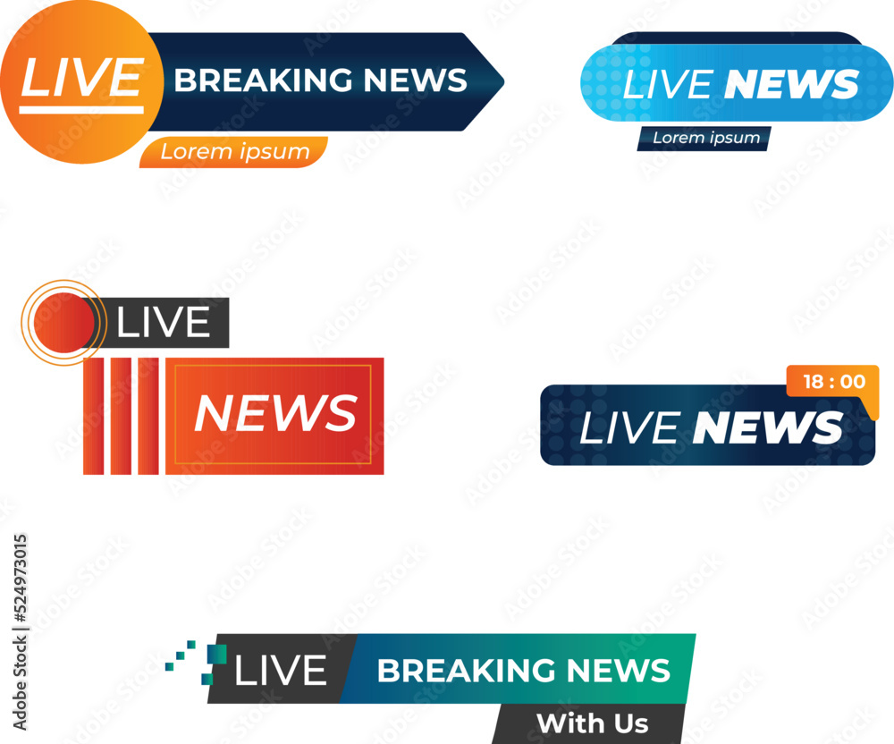 TV News bar icon set. News banner for TV streaming and Text latest news banner on white background, Live stream Logo. TV News bar icon set. News banner for TV streaming and Text latest news banner on white background, Live stream Logo.