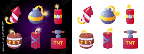 Set of Explosive Icons and detonating fuse isolated on white background. Vector illustration.