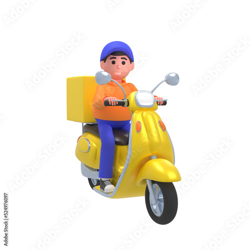3d render of delivery courier on yellow scooter