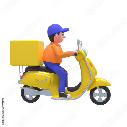 3d render of delivery courier on yellow scooter