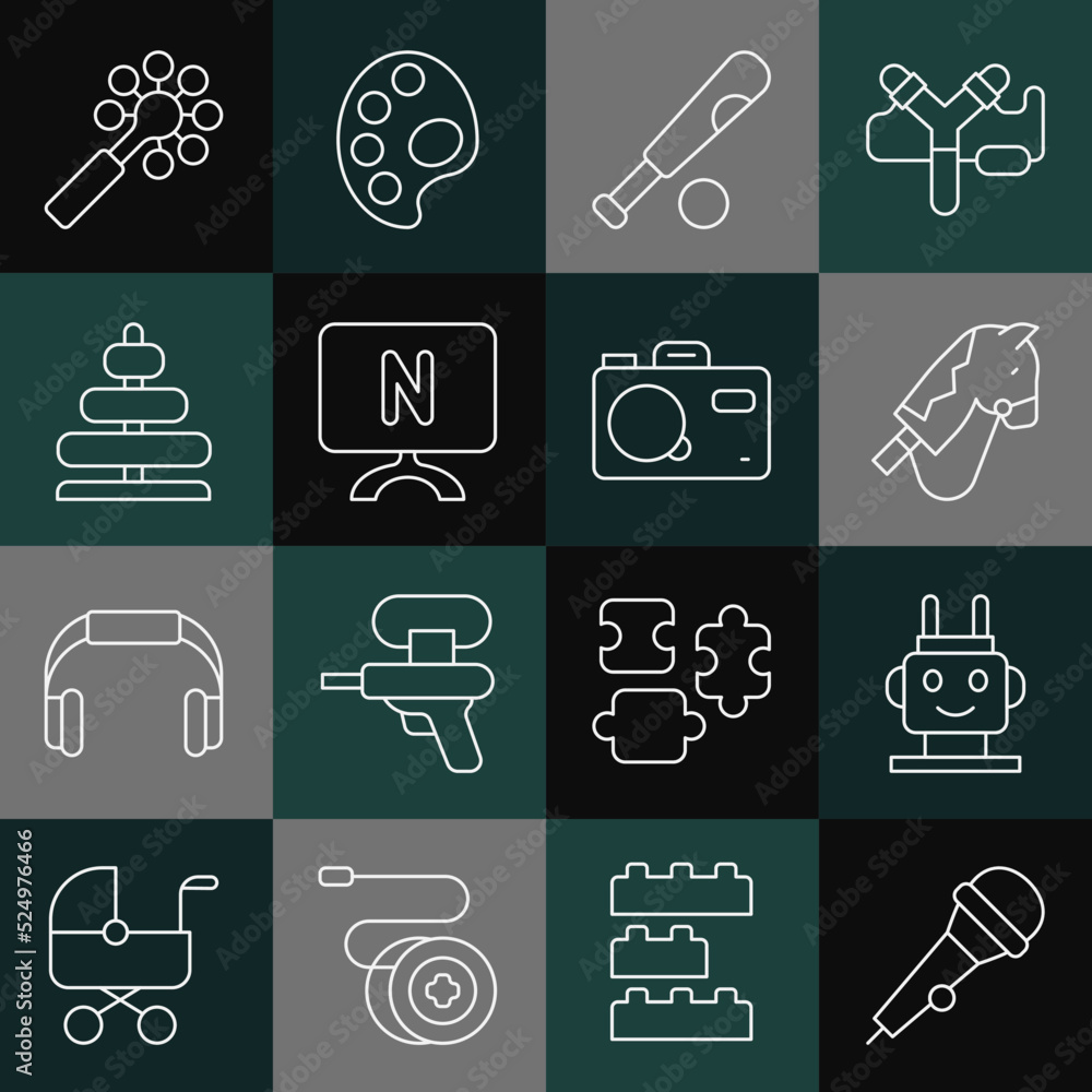 Set line Microphone, Robot toy, Toy horse, Baseball bat with ball, Smart Tv, Pyramid, Rattle baby and Photo camera icon. Vector Set line Microphone, Robot toy, Toy horse, Baseball bat with ball, Smart Tv, Pyramid, Rattle baby and Photo camera icon. Vector