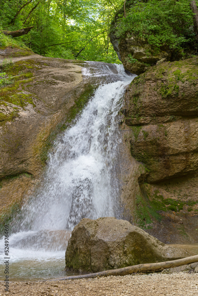 Naklejka premium A mountain river in a natural channel with rapids and waterfalls in the bosom of nature.