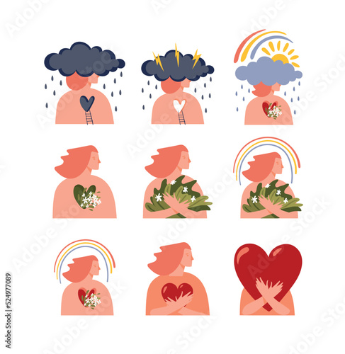 Psychology flat icons set, depression, healing, childhood trauma, self love and support.Psychotherapy vector concept. Collection of different logos with a teenager girl. Illustration isolated 