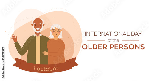 International day of the older persons vector banner. An age couple of a black man and a white woman are happy together. Illustration for posters, cards, web design. Abstract background in peach