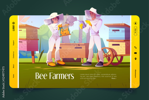 Bee farmers cartoon landing page, beekeepers work on apiary smoking honeycomb frame with smoker. Apiarists workers care of hives, insects and honey on natural farm at summer time, Vector web banner
