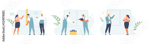 Installation or replacement of plastic windows, customer service. Measurer, installer workers, contractor. Vector illustration
