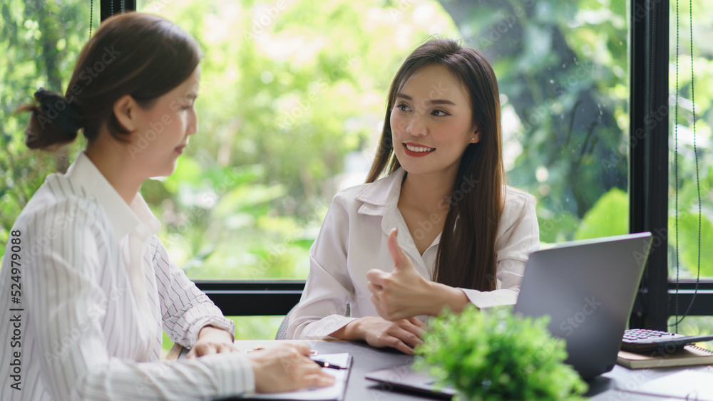 Coworker business concept, Businesswomen make great gesture for colleague after successful project Coworker business concept, Businesswomen make great gesture for colleague after successful project