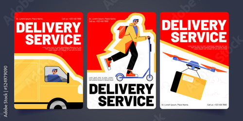 Delivery service cartoon banners, postman on car or scooter and drone deliver goods to customers. Correspondence, mail, parcels express shipping, order transportation, Line art flat vector flyers set