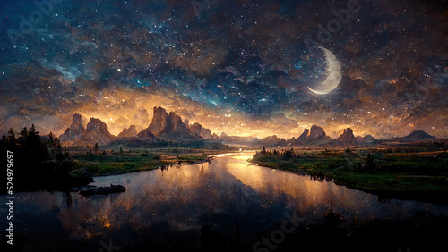 Beautiful Moon and River at Night with Mountains and Stars. Concept Art Scenery. Book Illustration. Video Game Scene. Serious Digital Painting. CG Artwork Background. 