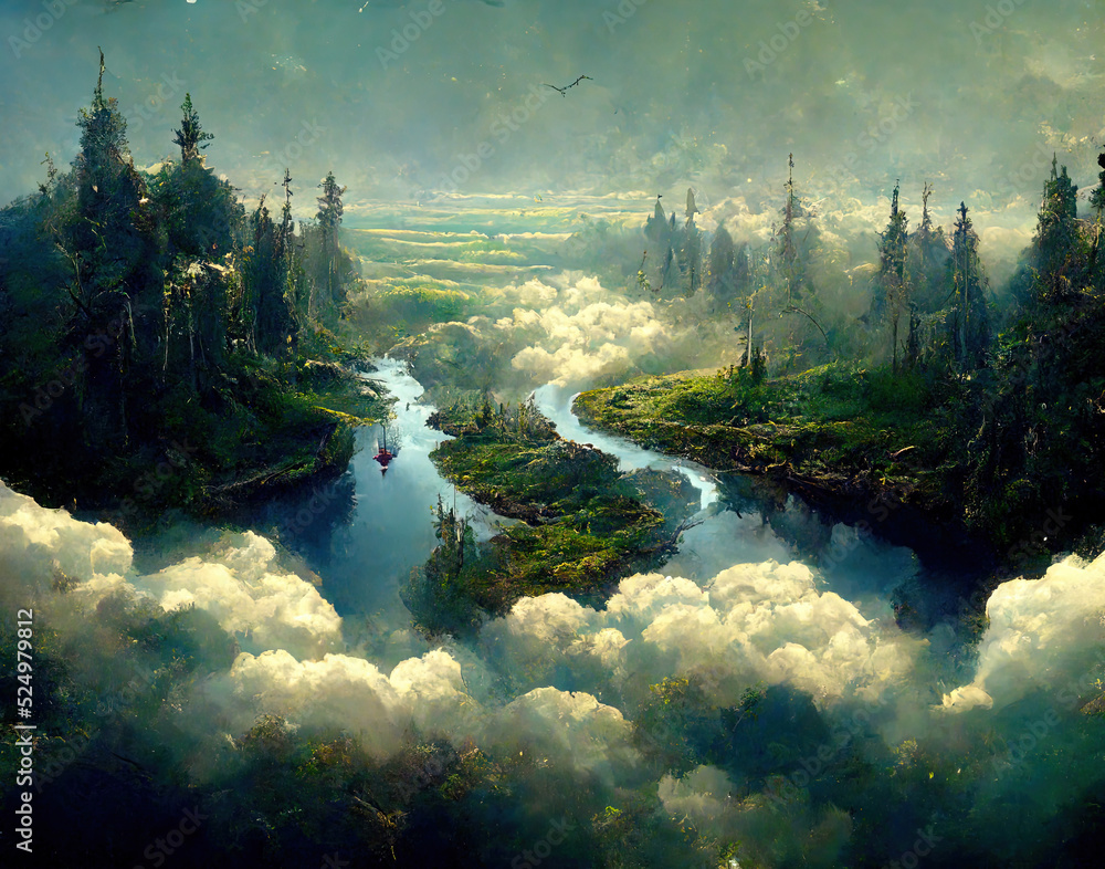 A Magnificent New Land with Cloud, River, Forest and Mountains under Bird View. Concept Art Scenery. Book Illustration. Video Game Scene. Serious Digital Painting. CG Artwork Background.
 - obrazy, fototapety, plakaty 