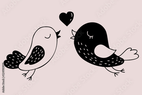 Pair of love birds with heart. Vector illustration. Hand drawn decorative drawing in doodle style. For design, decor, valentines and wedding cards.