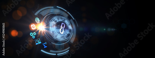 Chain Link icon on abstract blue background. Hyperlink chain symbol concept.3d rendering. 3d illustration