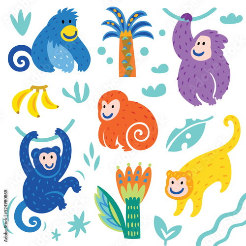 Collection of cute funny monkeys and palms trees. Vector illustration