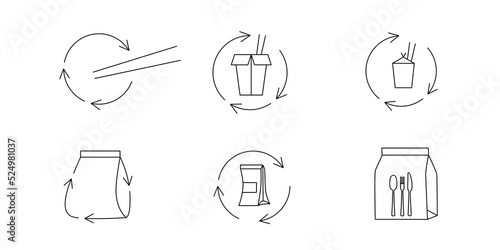 Fast food and take away eco packaging symbol for restaurant, cafe, bistro and diner. Plastic free and recyclable. Editable stroke. Vector stock illustration isolated on black background. 