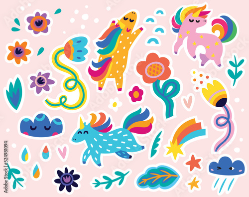 Festive stickers set with unicorns, flowers and clouds. Vector illustration