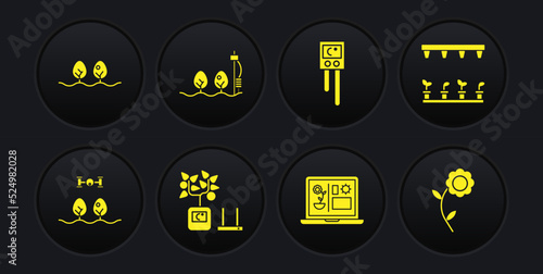 Set Smart farm with drone, Automatic irrigation sprinklers, farming technology, Temperature and humidity sensor, Standalone plant, Flower and Plant icon. Vector