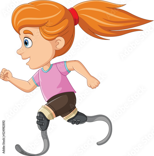 Cartoon happy disabled girl running with prosthetic leg