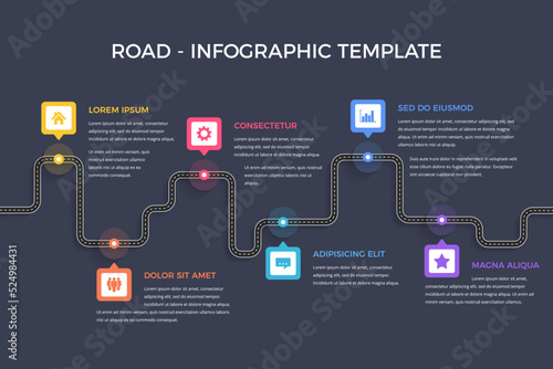 Road infographics with six map pins with icons