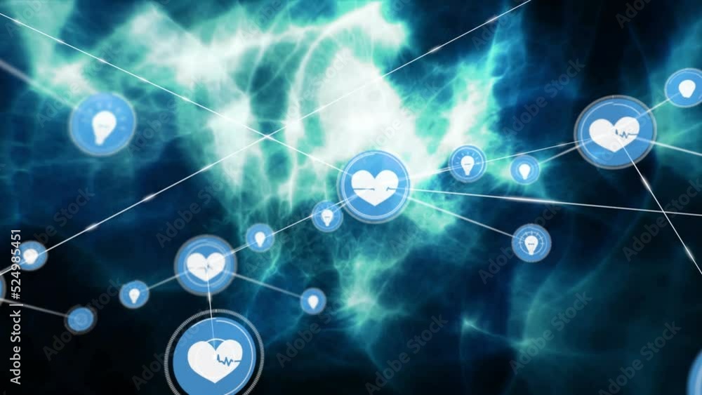 Animation of heart and bulb icons connecting with lines moving over illuminated abstract background Animation of heart and bulb icons connecting with lines moving over illuminated abstract background