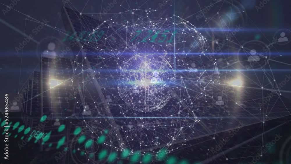Animation of data processing, profile network connecting dots with globe over solar power station Animation of data processing, profile network connecting dots with globe over solar power station