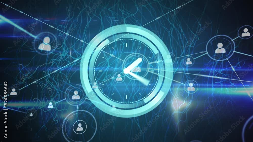 Animation of clock moving over network of connections with icons Animation of clock moving over network of connections with icons