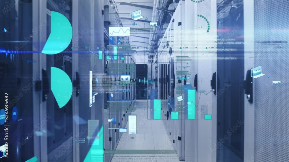 Animation of multiple screens with statistical data processing over computer server room Animation of multiple screens with statistical data processing over computer server room