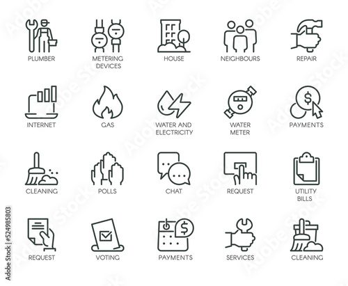 Premium Icons Pack on Housing and Communal Services  Consumer Services  Public Utilities. Such Line Signs as Plumbing Work  Water Supply. Vector Icons Set for Web and App in Outline Editable Stroke.
