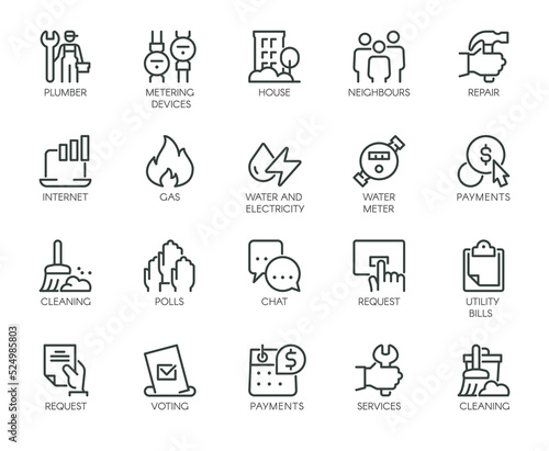 Premium Icons Pack on Housing and Communal Services, Consumer Services, Public Utilities. Such Line Signs as Plumbing Work, Water Supply. Vector Icons Set for Web and App in Outline Editable Stroke.