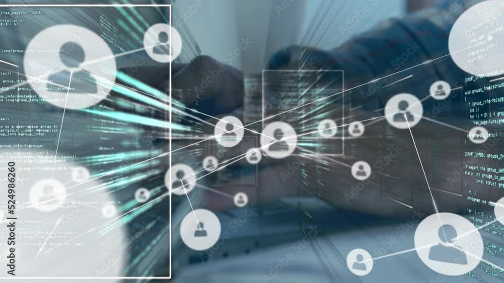 Animation of network of connections with icons and data procssing over biracial businessman Animation of network of connections with icons and data procssing over biracial businessman