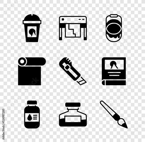Set Coffee cup to go, Plotter, Paint bucket, Printer ink bottle, Ink, brush, Roll paper and Stationery knife icon. Vector